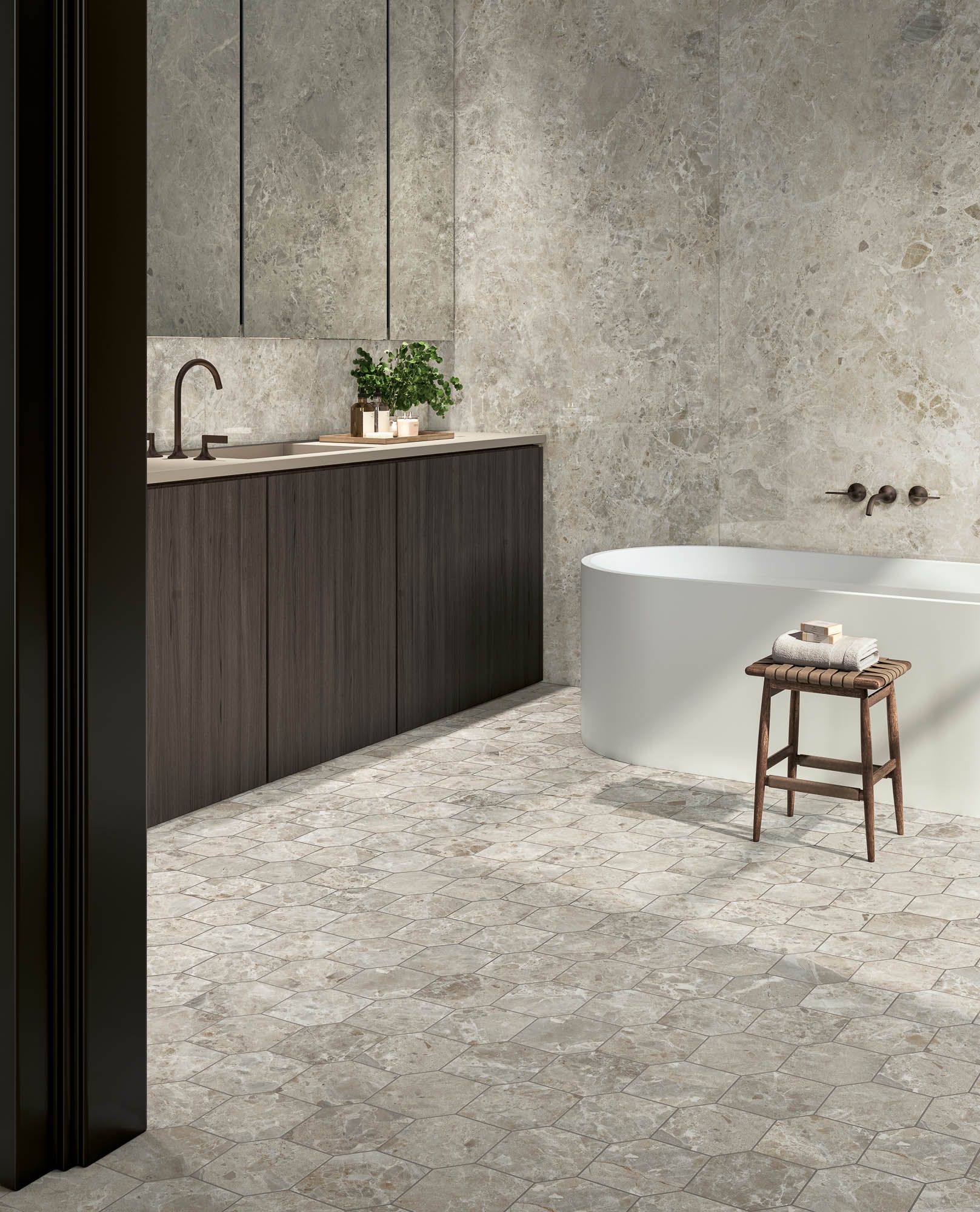 Luxury bathroom with grey marble tiles