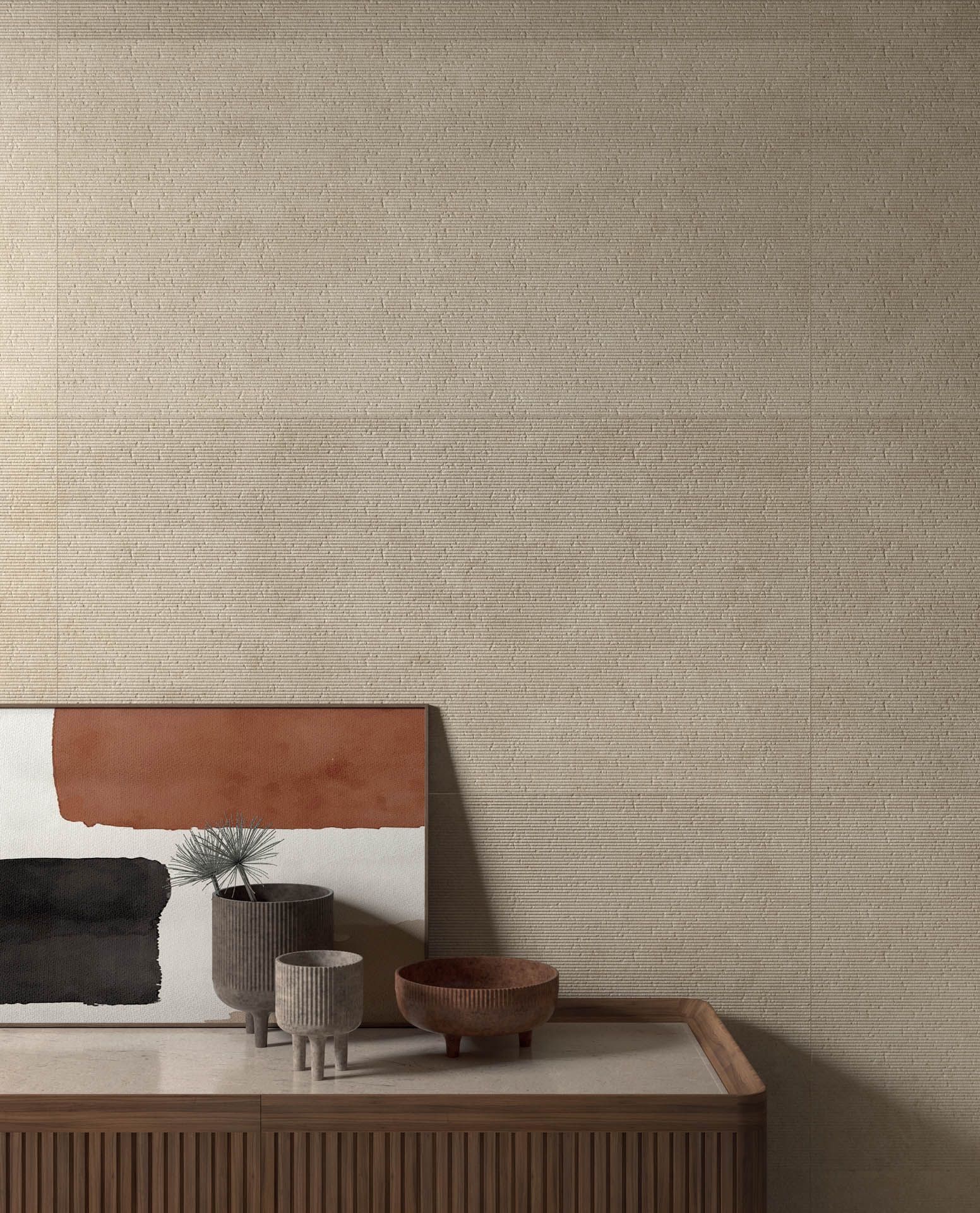 Elegant living room with sand-colored wall tiles
